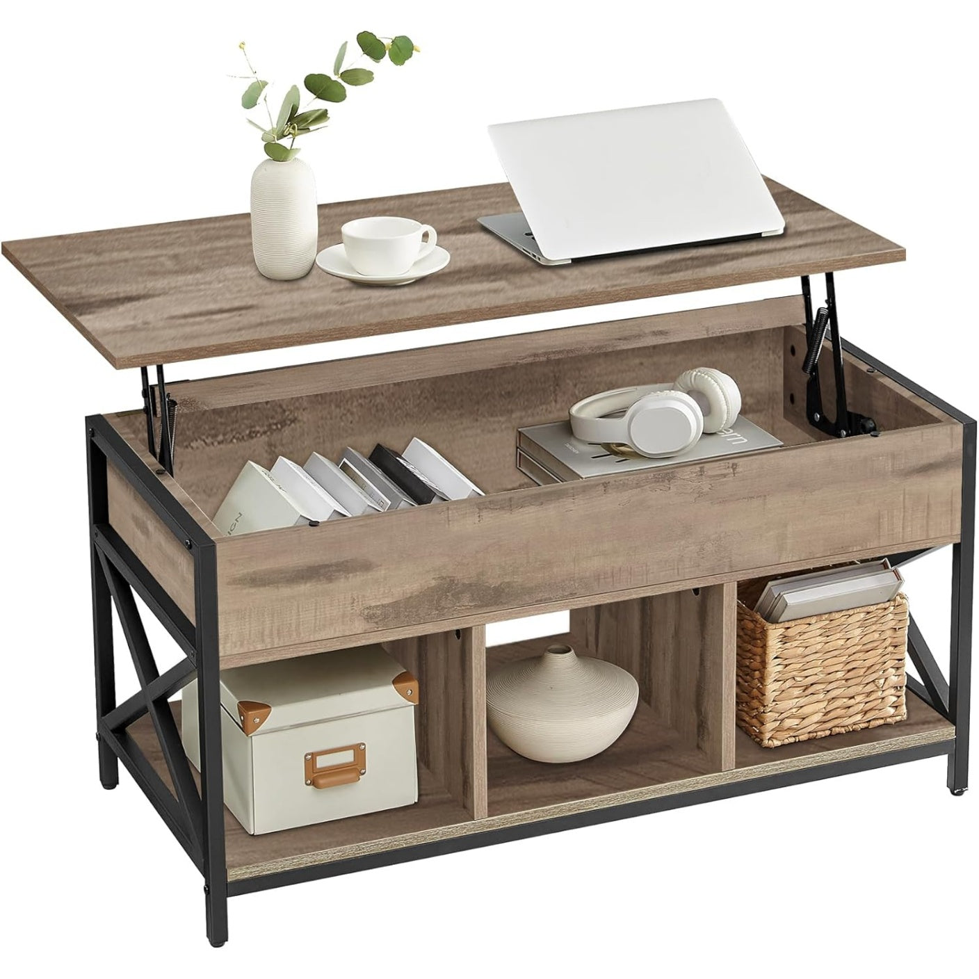 H?henverstellbarer Couchtisch mit verstecktem Fach und 3 offenen Ablagen, 50 ¡Á 100 ¡Á 46,5¨C62 cm, Kamelbraun und Schwarz