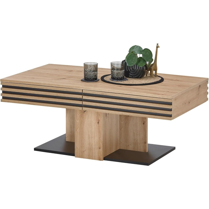 Couchtisch in Artisan-Eiche mit 2 Schubladen und schwarzen Akzenten, 110 ¡Á 60 cm