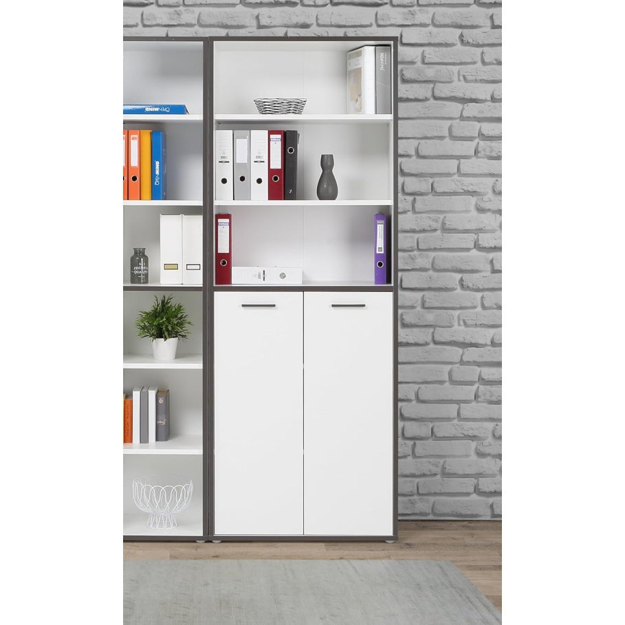 B¨¹cherregal mit 2 T¨¹ren aus Holzwerkstoff in Wei? und Wolframgrau, 84,5 ¡Á 226,5 ¡Á 41,5 cm