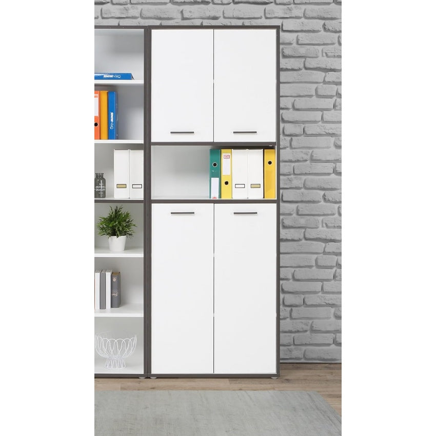 B¨¹cherregal mit 4 T¨¹ren aus Holzwerkstoff in Wei? und Wolframgrau, 84,5 ¡Á 226,5 ¡Á 41,5 cm
