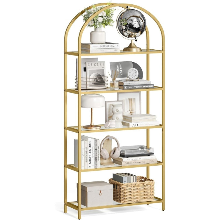 B¨¹cherregal aus Hartglas mit 5 Ebenen und Metallgestell, Gold und Transparent