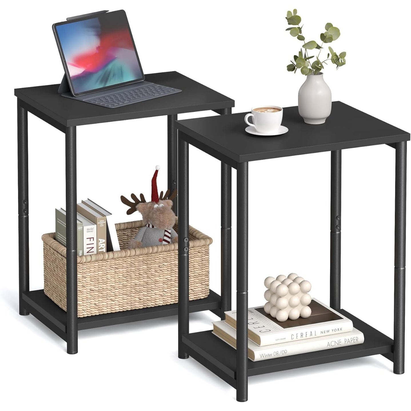 Beistelltisch-Set mit 2 Tischen und Ablagefach, Schwarz