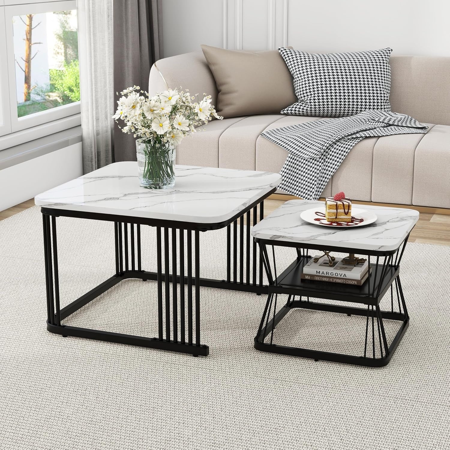 2er-Set Couchtische mit Stauraum in Marmoroptik, 65 cm und 45 cm