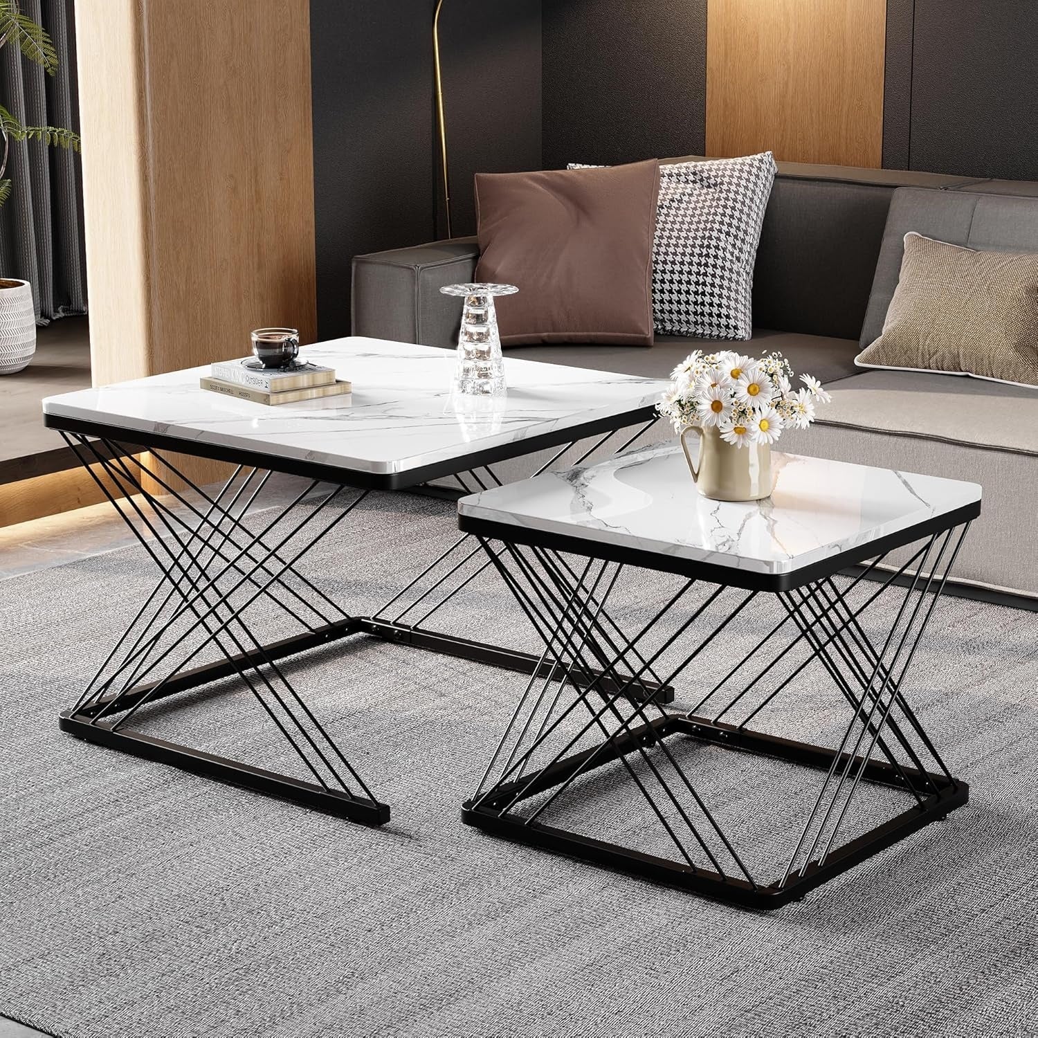 2-teiliges Couchtisch-Set in Marmoroptik mit schwarzem Metallgestell